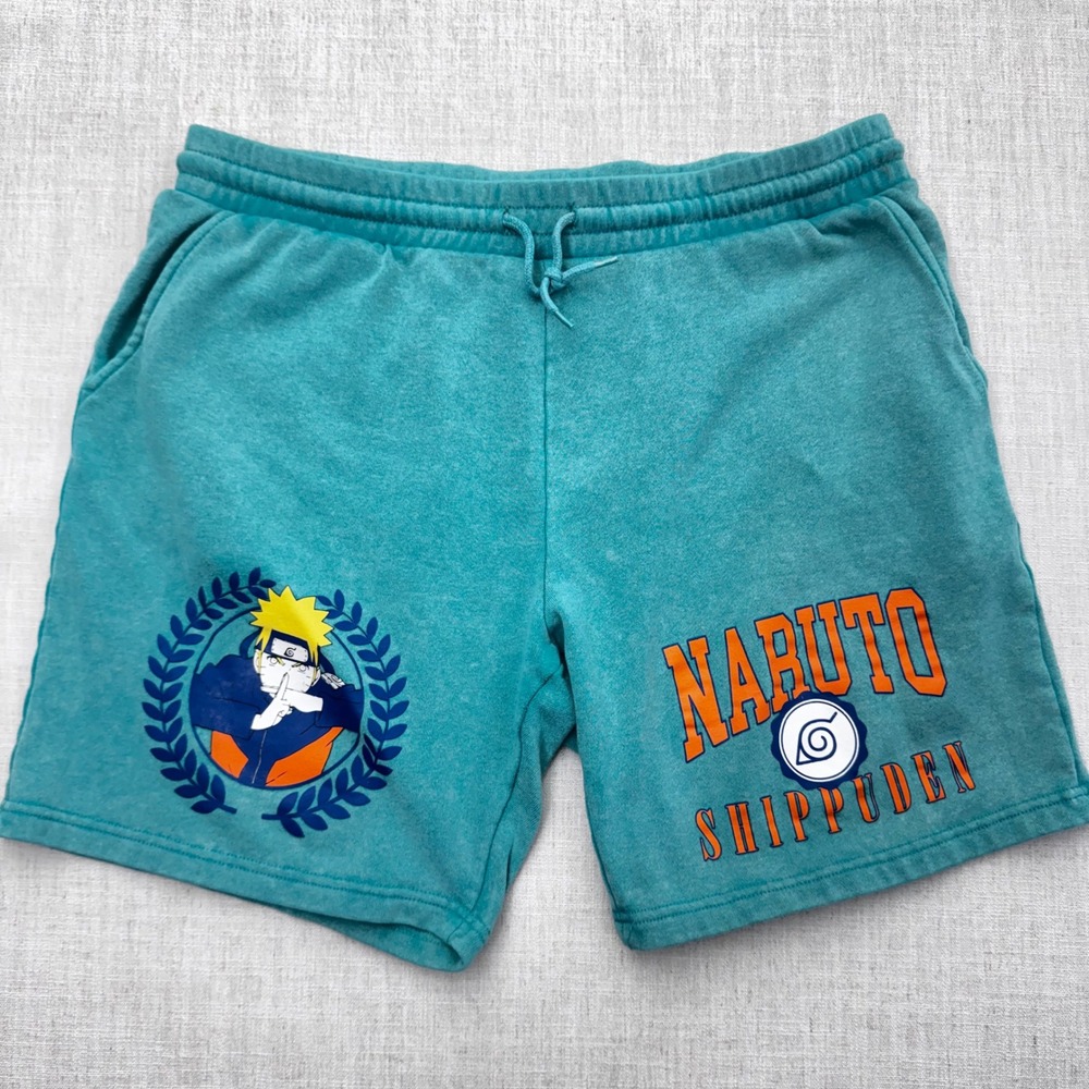 Naruto Shippuden Men Teal‎ Mineral Wash Graphic Sweat Shorts Size L 36-38 Anime